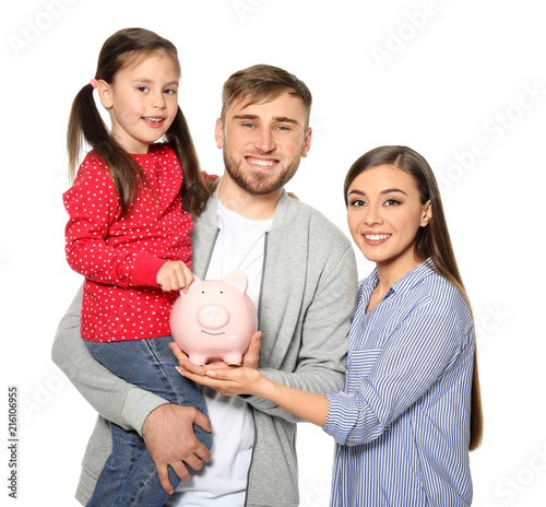 Happy young family with pig...