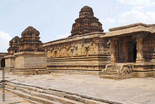 A shrine in the left, the main sanctum in the centre and an entrance to the ardh-mandapa on the right, Krishna Temple, Hampi, Karnataka
