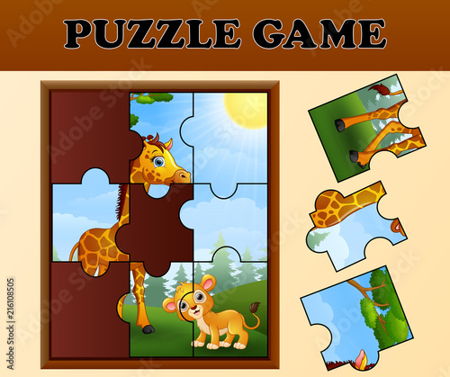 Jigsaw puzzle game with happy wild animals 