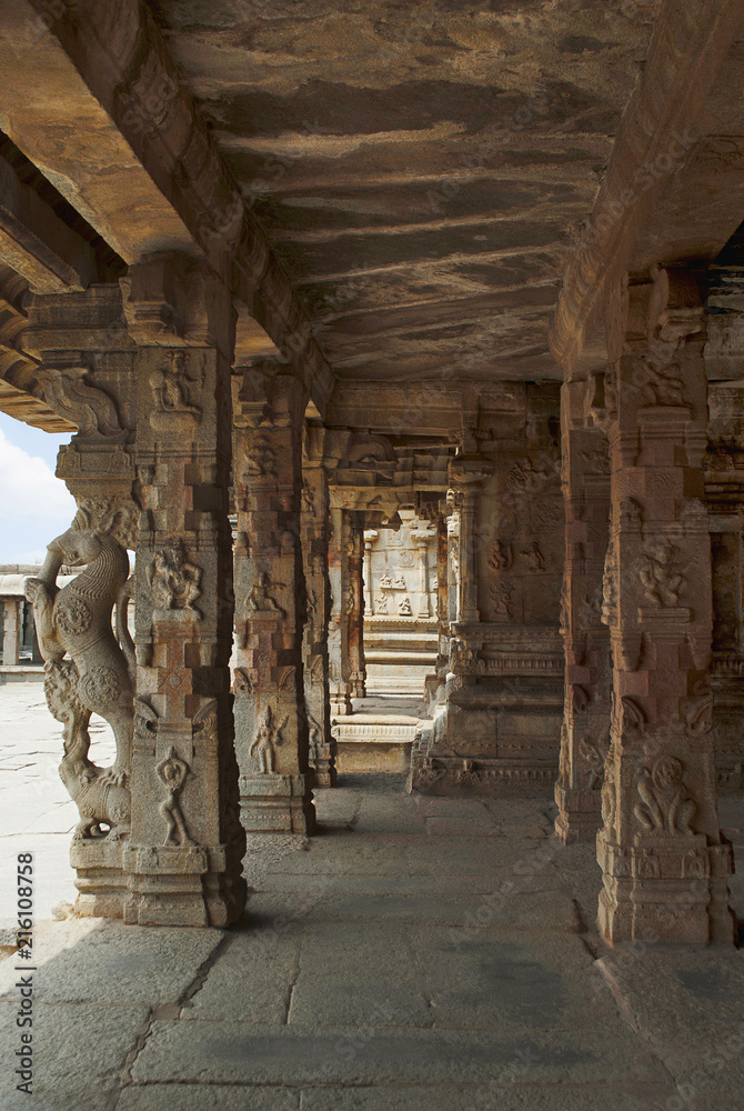 Carved pillars of the maha-mandapa, Krishna Temple, Sacred Center. Hampi, Karnataka. Sacred Center. Interior view.