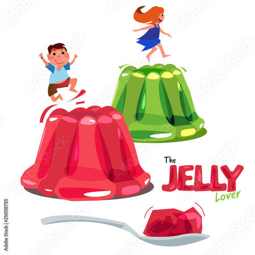 Kid jumping or playing on colorful jelly. jelly lover concept. logotype come with spoon of jelly - vector photo
