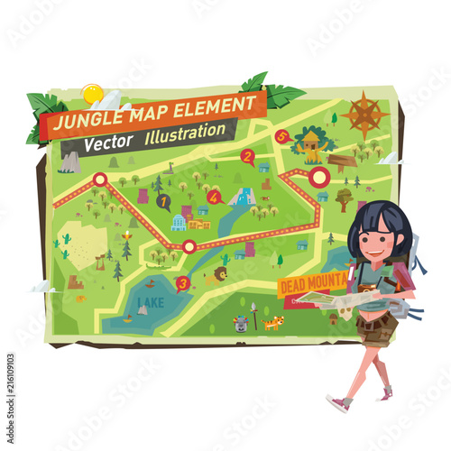 tourist girl with jungle map elements. tourist girl character walk and holding jungle map - vector