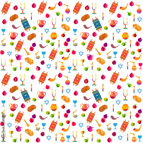 Rosh Hashanah pattern Jewish  New Year - Shana Tova, traditional symbols isolated. Honey and apple, shofar, pomegranate, Torah icons set. Rosh hashana, sukkot festival Israel Holiday background