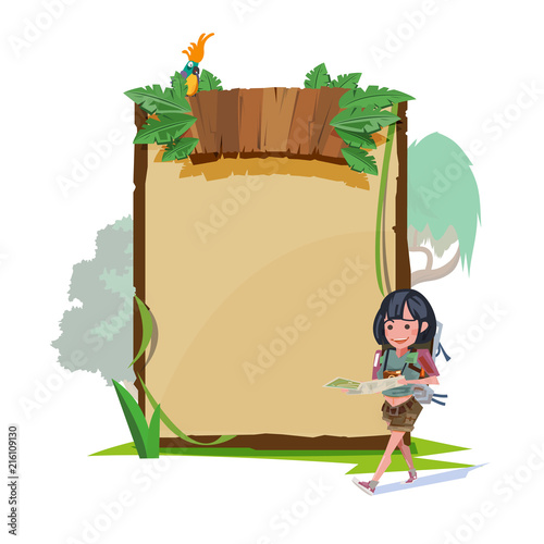 women walking and see her map with jungle board style in background - vector