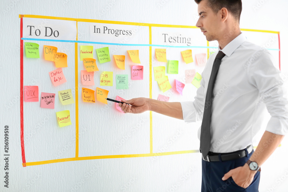 Man near scrum task board with stickers in office Man near scrum task board with stickers in office