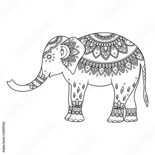 Elephant decorated with Indian ethnic floral vintage pattern. Hand drawn decorative animal in doodle style. Stylized mehndi ornament for tattoo  print  cover  book and coloring page.