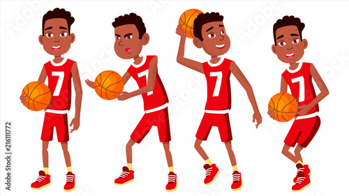 Basketball Player Child Set Vector. Different Poses. Leads The Ball. Sport Game Competition. Sport. Isolated Flat Cartoon Illustration