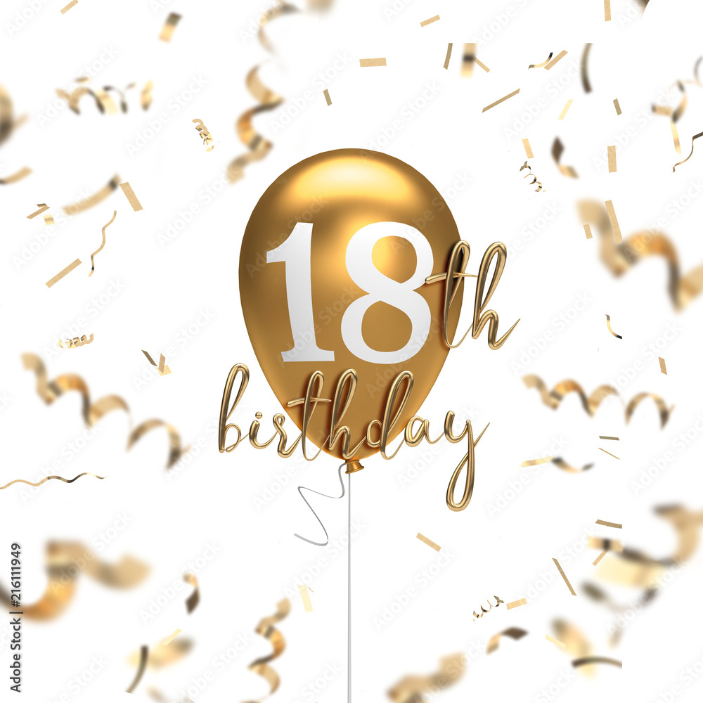 Happy 18th birthday gold balloon greeting background. 3D Rendering