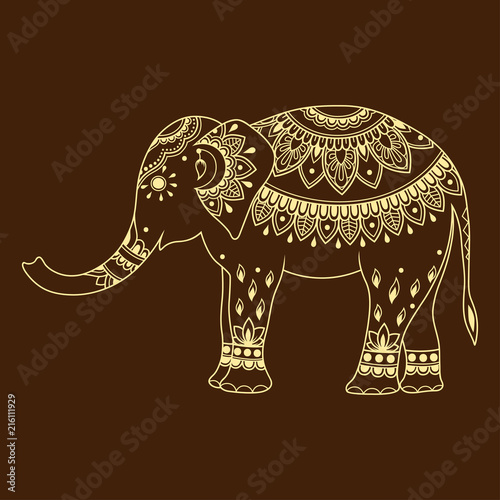 Elephant decorated with Indian ethnic floral vintage pattern. Hand drawn decorative animal in doodle style. Stylized mehndi ornament for tattoo, print, cover, book and coloring page.