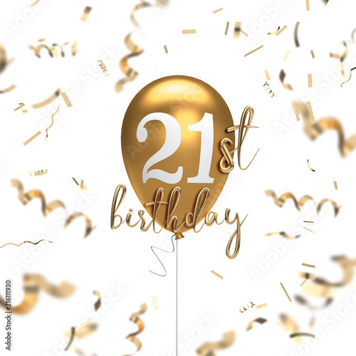 Happy 21st birthday gold balloon greeting background. 3D Rendering