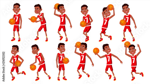 Basketball Player Child Set Vector. In Action. Leads  Playing With A Ball. Healthy Lifestyle. Runningm Jump With Ball. Isolated Flat Cartoon Illustration