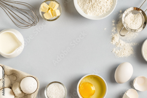 Background with ingredients for cooking, baking, flat lay.