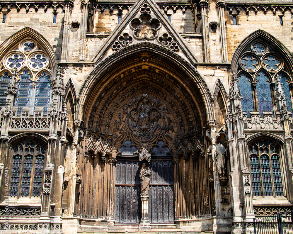 Detailing of one of the entrances into Lincoln Cathedral in the UK