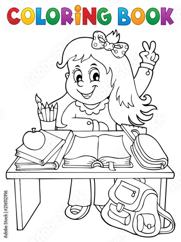 Coloring book girl behind school desk