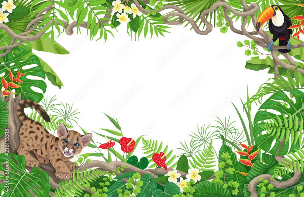 Obraz premium Tropical Background with Puma and Toucan