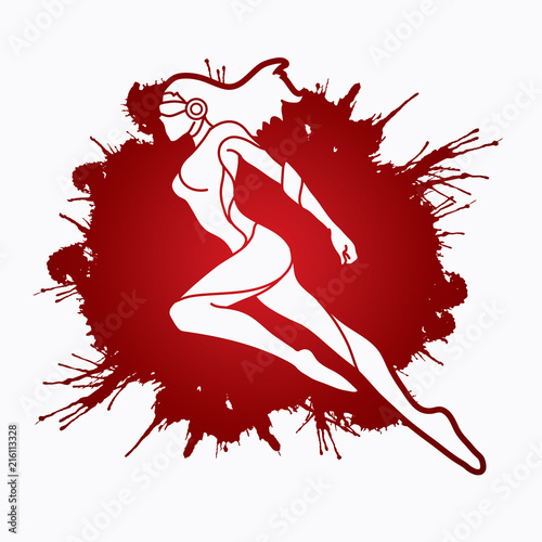 Superhero flying action, Cartoon superhero woman jumping graphic vector.