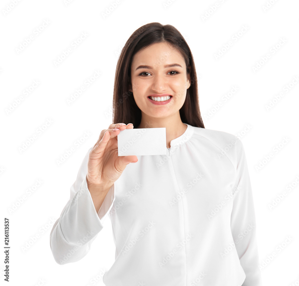 Woman with business card on white background
