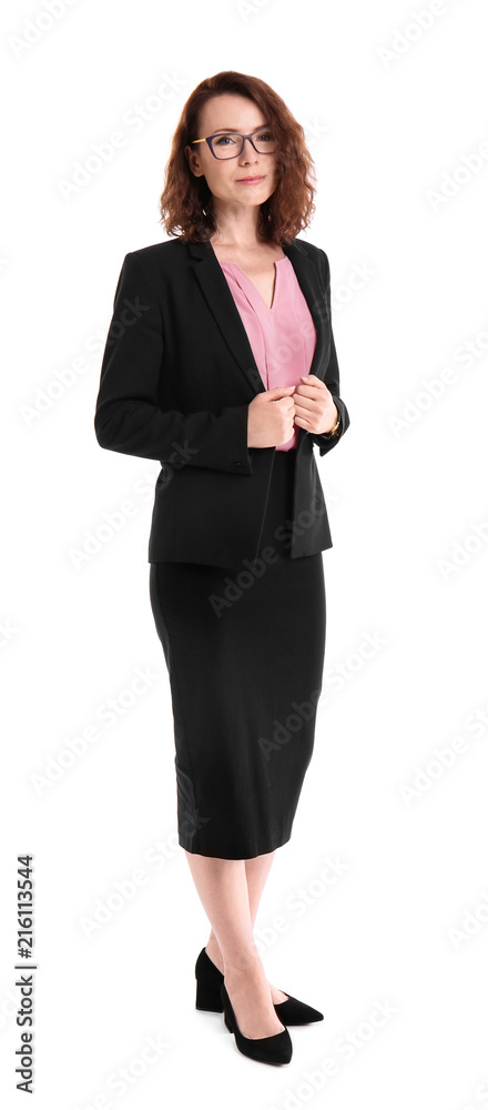 Woman in formal clothes on white background