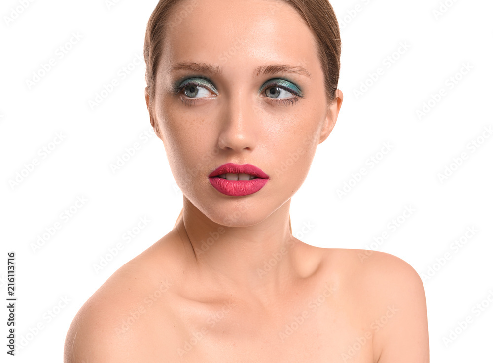 Young woman with professional makeup on white background Young woman with professional makeup on white background