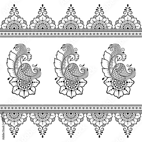 Set of Mehndi flower, peacock pattern and seamless border for Henna drawing and tattoo. Decoration in oriental, Indian style.