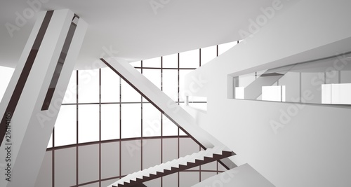 Abstract white and brown interior multilevel public space with window. 3D illustration and rendering.