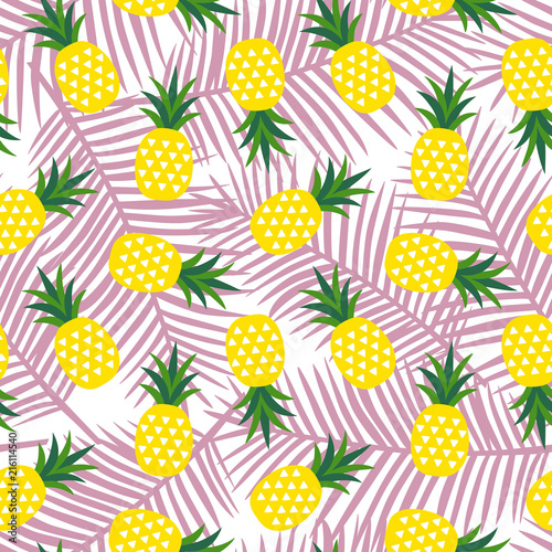 yellow pineapple with triangles geometric fruit summer tropical exotic hawaii sweet pattern on a light pink palm leaves background seamless vector © n_i_r_v_a_n_a
