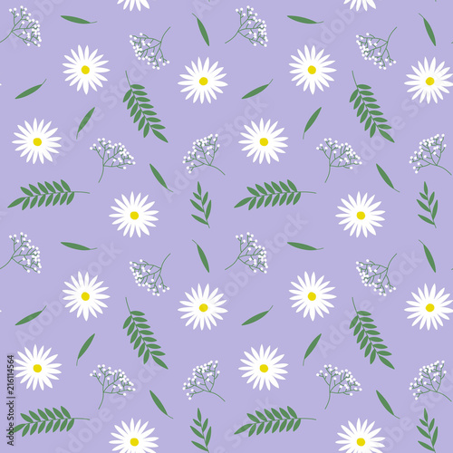 spring small white flowers green leaves chamomile branches pattern on a purple background seamless vector © n_i_r_v_a_n_a