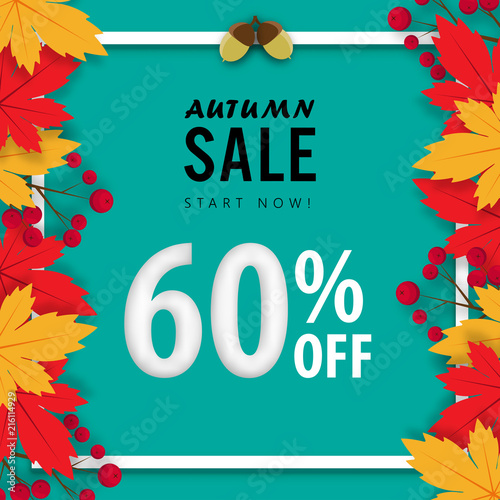 autumn sale banner background ,sixty percent sale off with paper art design vector or illustration