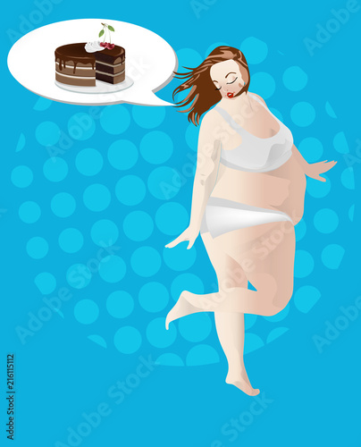 Vector flat illustration. A fat woman thinks about how to eat cake. Obesity. Overweight