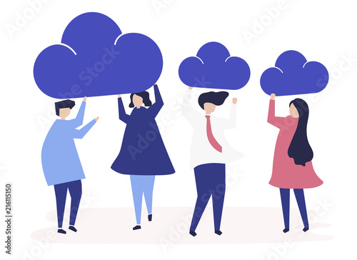 Characters of business people holding cloud icons illustration