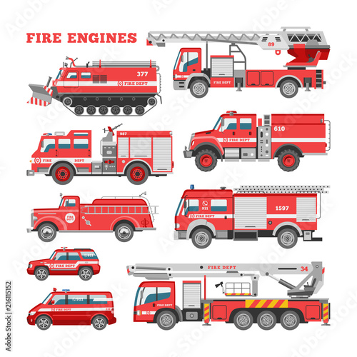 Fotografiet Fire engine vector firefighting emergency vehicle or red firetruck with firehose