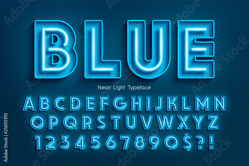 Neon light 3d alphabet, extra glowing font.