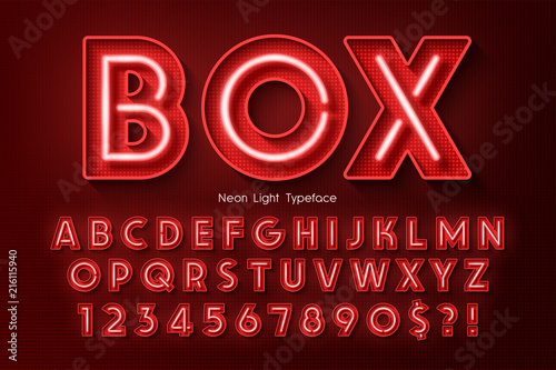 Neon light 3d alphabet, extra glowing font.