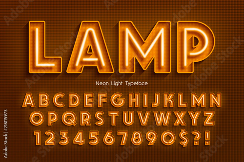 Neon light 3d alphabet, extra glowing font.