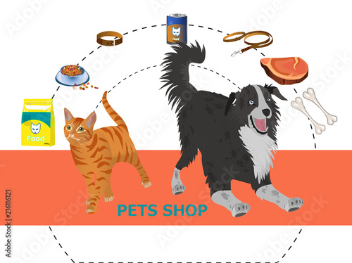 Pet shop decorative icons set with  dog and cat and goods for pets cartoon isolated Vector illustration