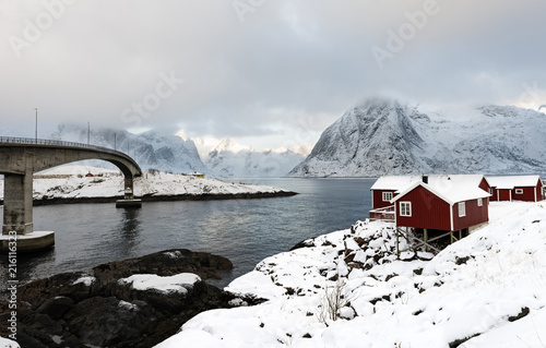 A view of Reinefjorden towards the mountain of Olstind from Hamnoy photo