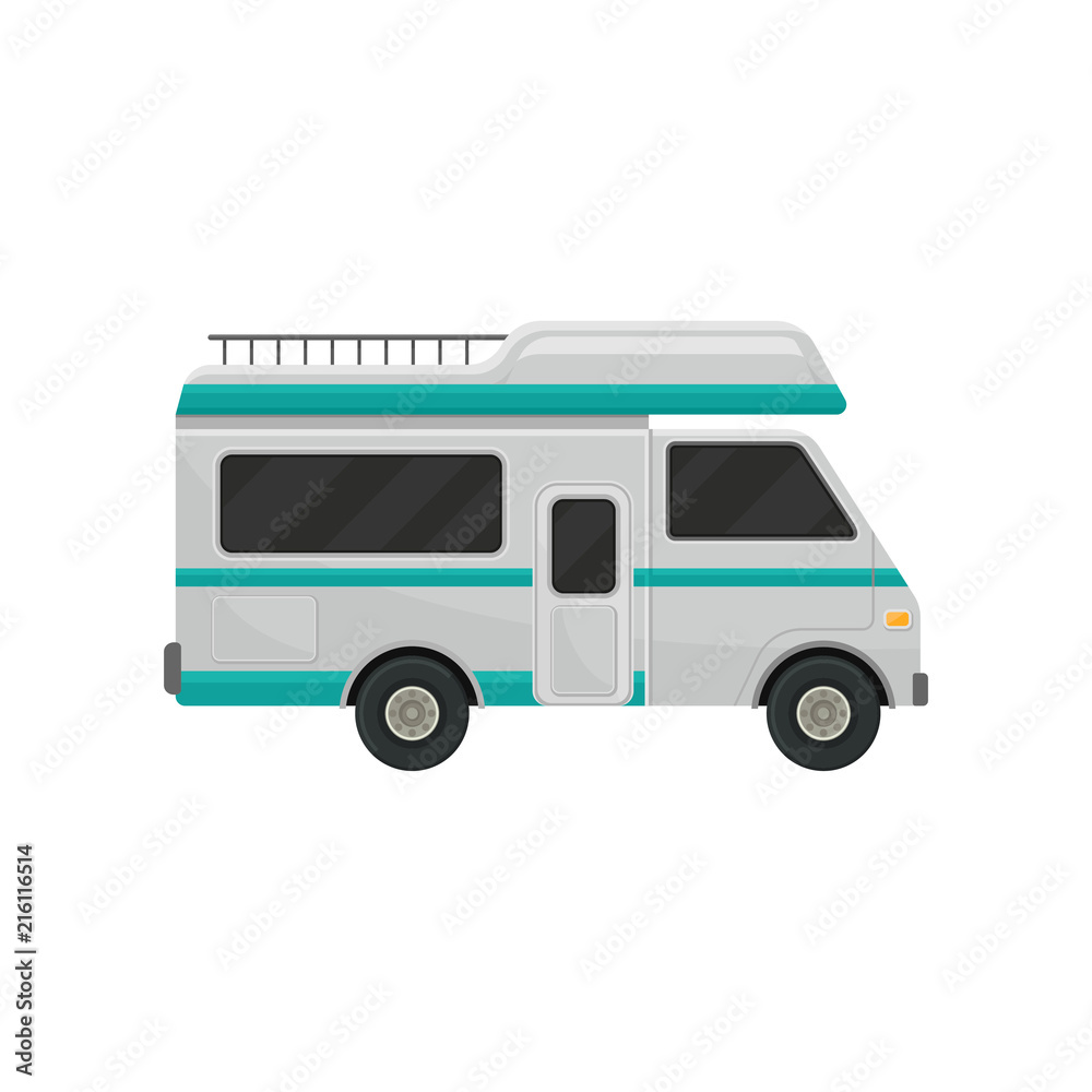 Gray camper truck with turquoise stripes and black tinted windows. Recreational vehicle. Comfort car for family travel. Flat vector