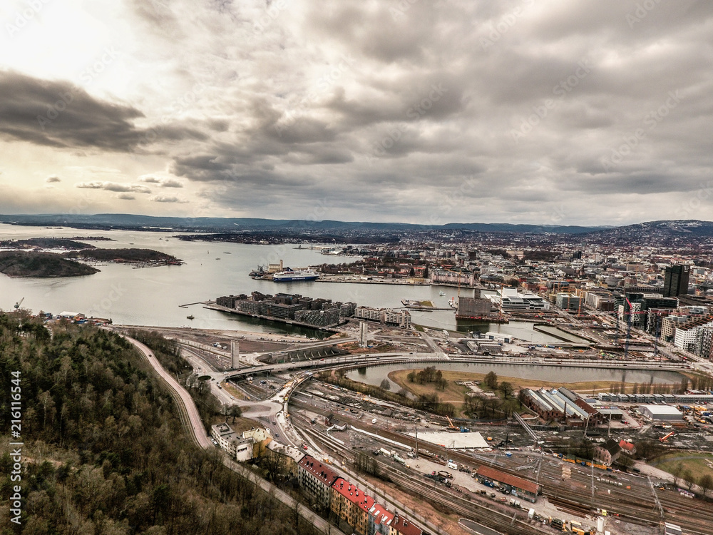 Aerial view on Oslo fjord and Opera in Oslo, Norway 