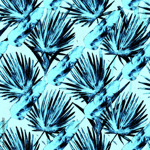 Modern Cool Banana, Fan Leaves Textile, Seamless Tropical Watercolor Pattern. Botanical Grunge Textile Design Jungle Hipster Summer Background. Hand Drawn Jungle Leaves, Tropical Watercolour Pattern.