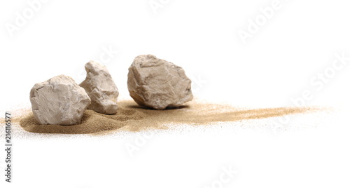 Rocks in sand pile isolated on white background and texture