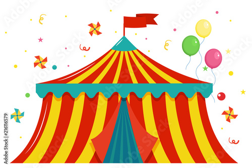 Festive colored circus tent with a flag and balloons