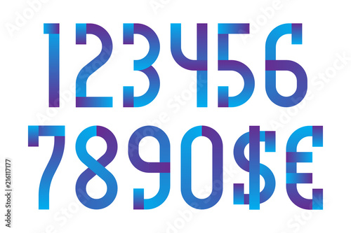 Blue violet numbers with dollar and euro symbols in vibrant style.