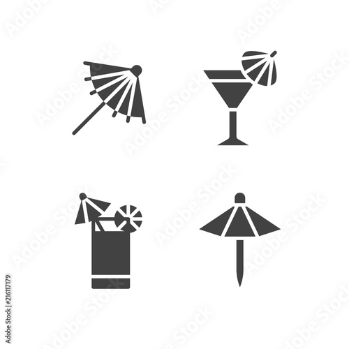 Cocktail umbrella flat glyph icons. Cold summer drinks illustrations, tequila sunrise, cosmopolitan alcohol beverage. Signs for beach bar. Solid silhouette pixel perfect 64x64.