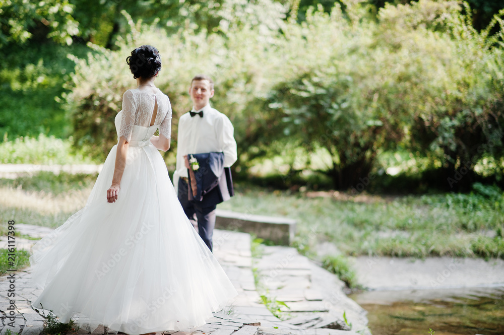 Fototapeta premium Young newlyweds walking in the park on their sunny wedding day.