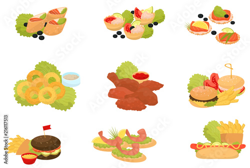 Fast food set, traditional fast food meals, canapes for banquet vector Illustrations on a white background