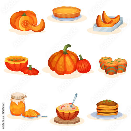 Tasty pumpkin dishes set, pie, soup, jam jar, muffin, porridge, pancakes vector Illustrations on a white background