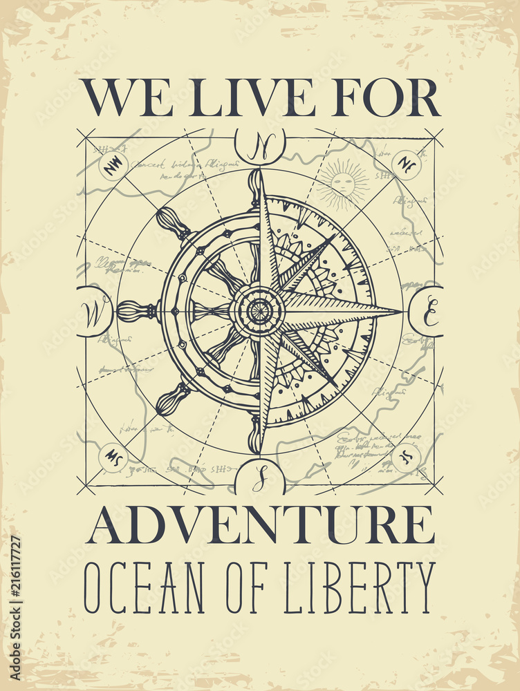 Hand-drawn vector banner with a wind rose, old nautical compass and steering wheel in retro style. Illustration on the theme of travel, adventure and discovery on the background of old map