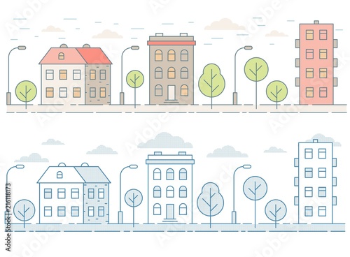 Colored seamless cityscape with houses, trees.  Minimalist contour style. 