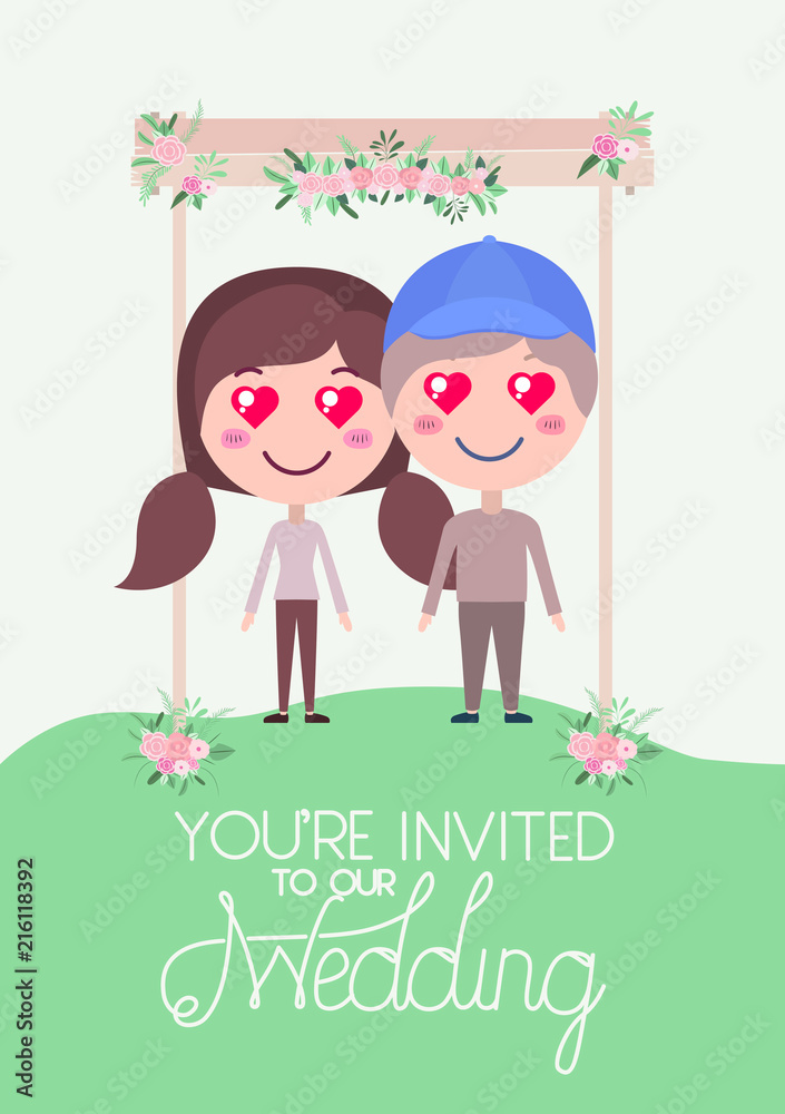 wedding invitation card with couple in wooden frame and flowers