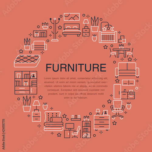 Furniture sale banner illustration with flat line icons. Living room, bedroom, home office chair, kitchen, sofa, nursery, lamp, sideboard thin linear signs. Circle template interior store poster.